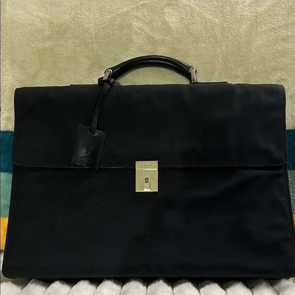 Gucci Black Nylon and Leather Combination Lock Briefcase